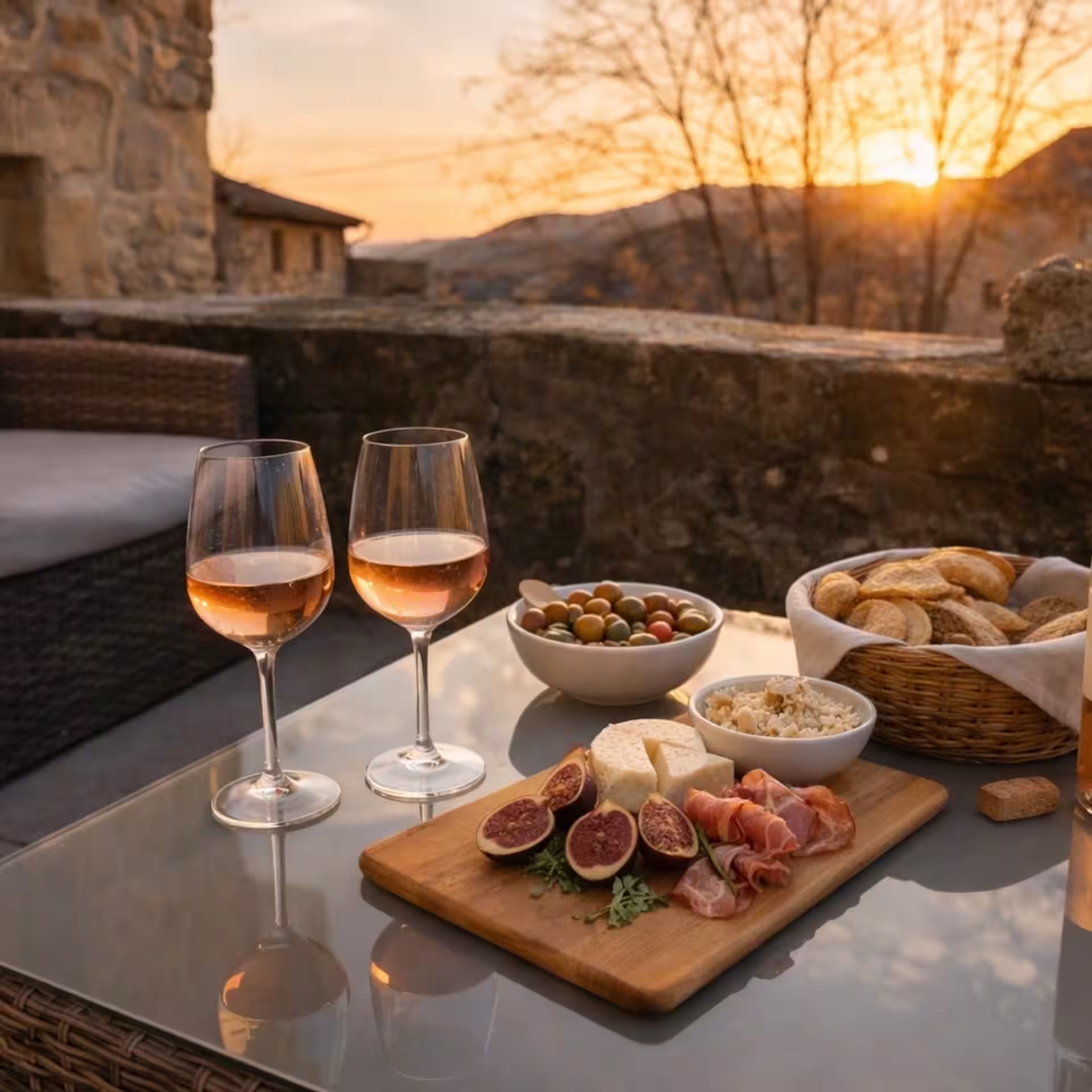 Apéritif au coucher du soleil sur la terrasse du studio